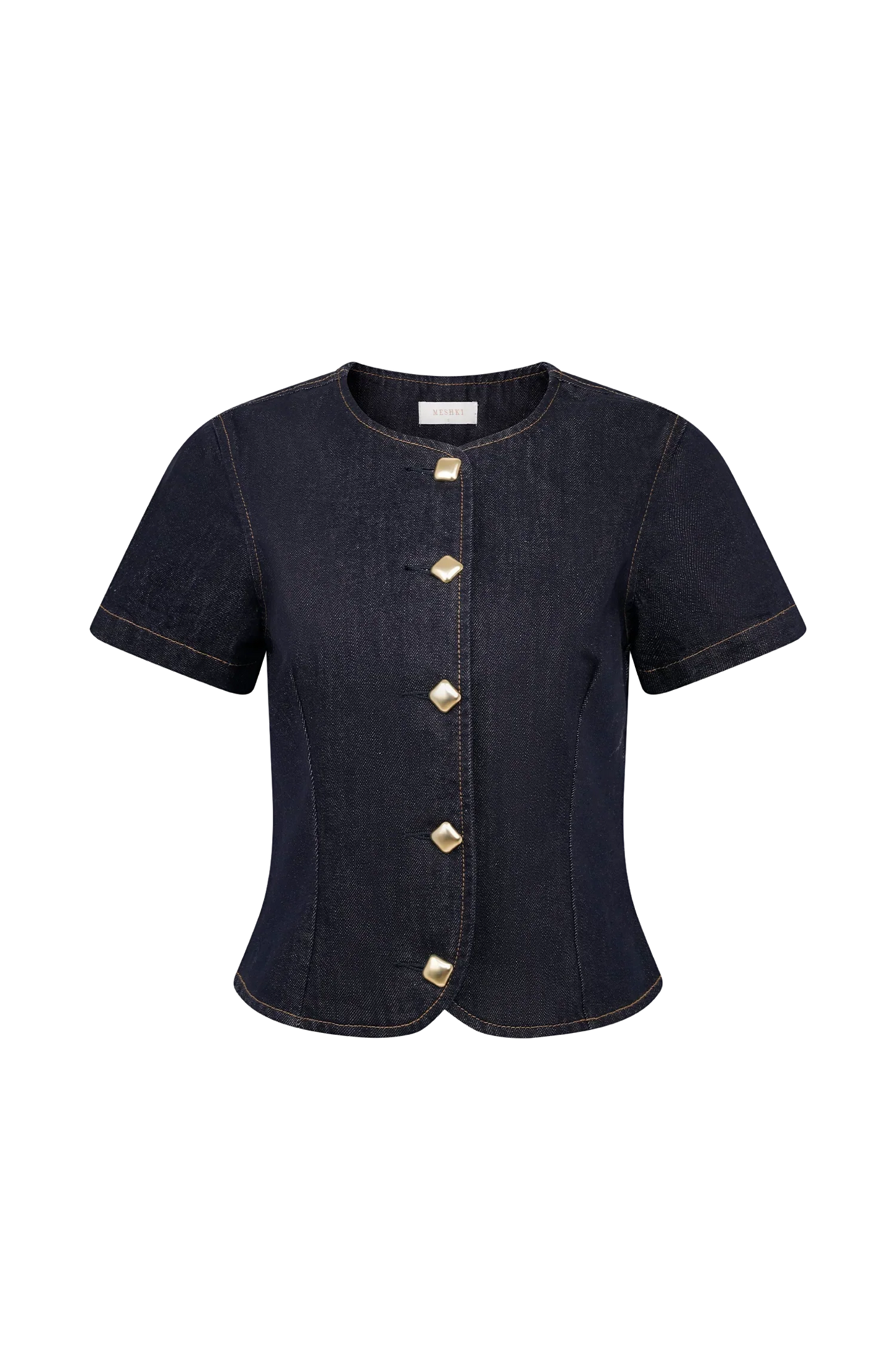 Bethany Short Sleeve Buttoned Denim Top Washed Indigo Blue