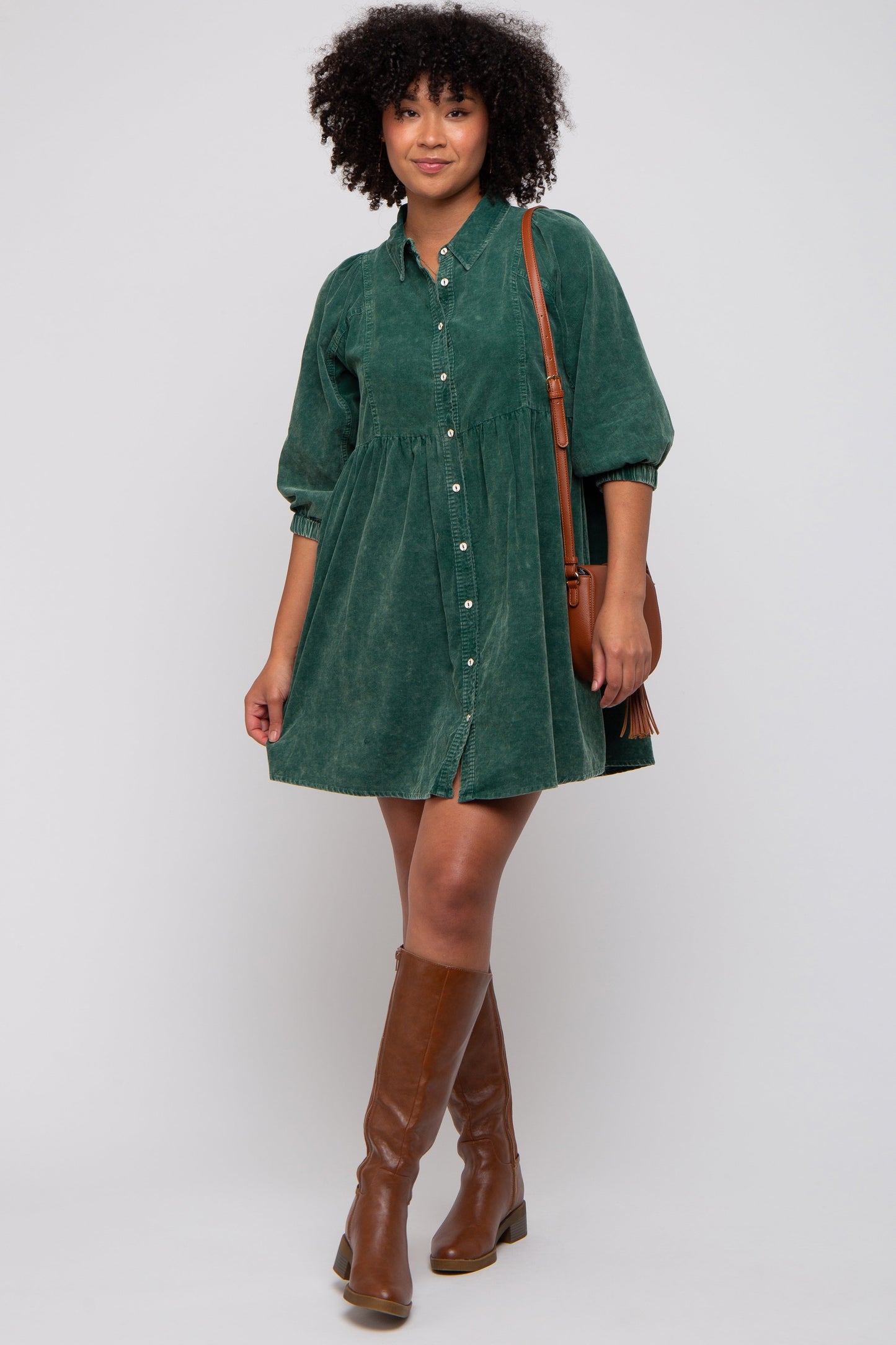 Green Corduroy Button Down Collared Maternity Dress