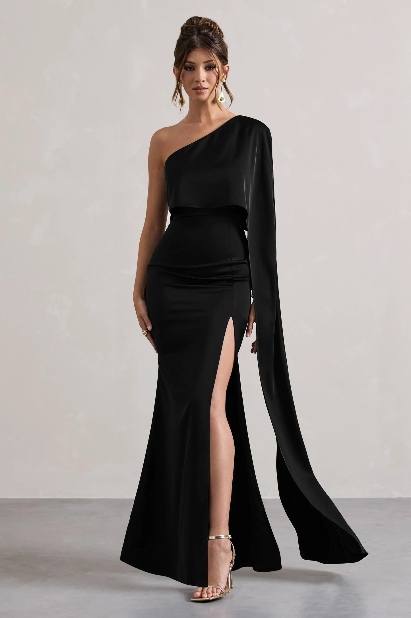 Amora Black Satin Asymmetric Cape Sleeve Split Maxi Dress