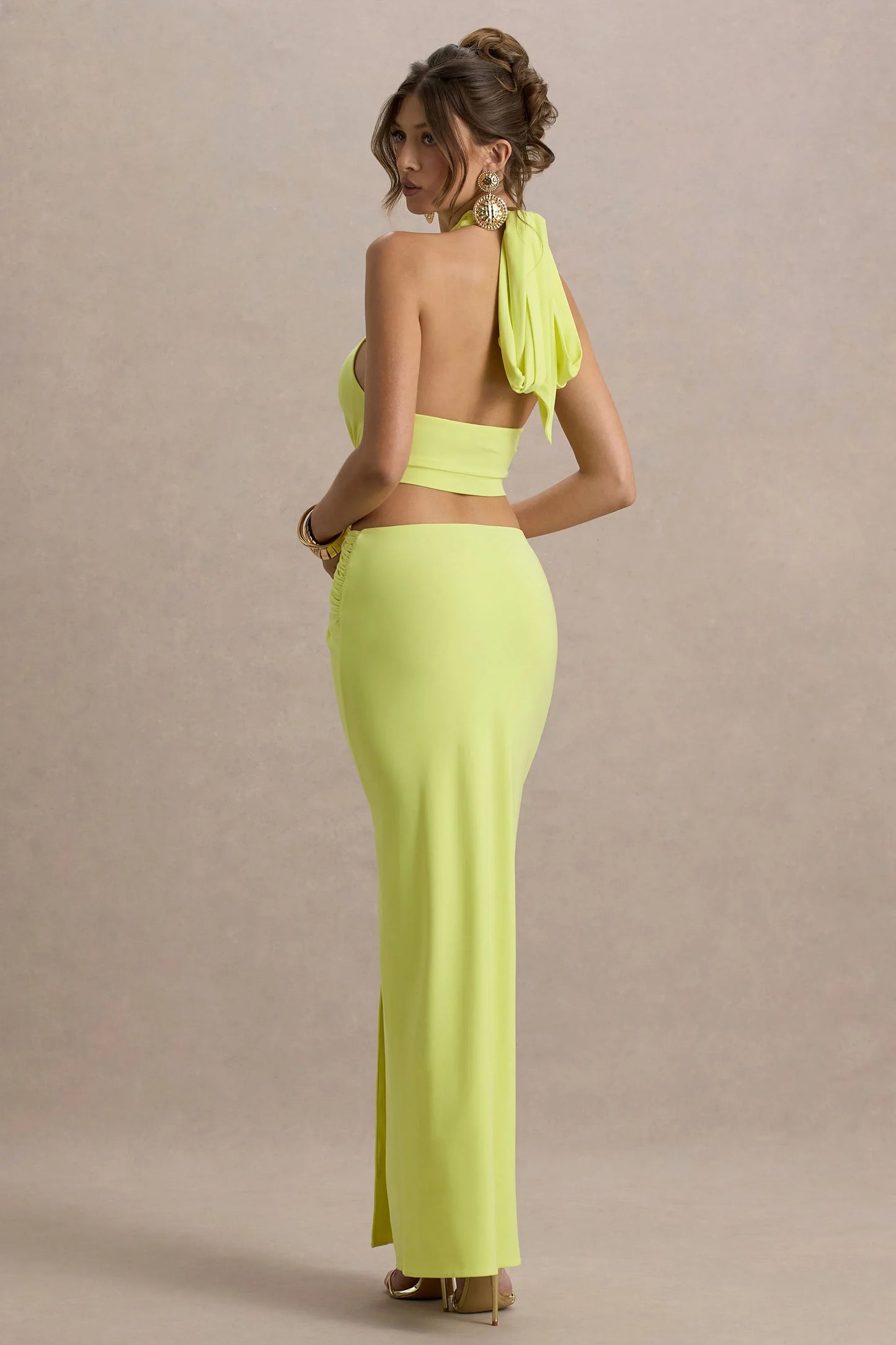 Aura Lime Green Halter Neck Cut Out Split Maxi Dress