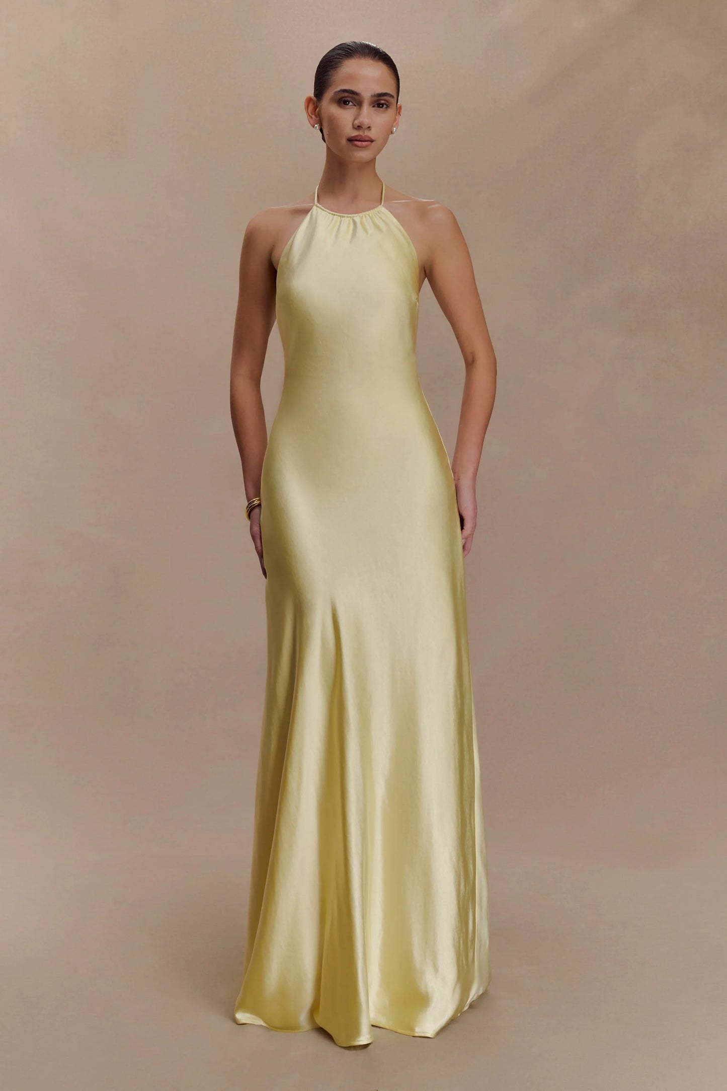 Bella Satin Halter Maxi Dress Lemon