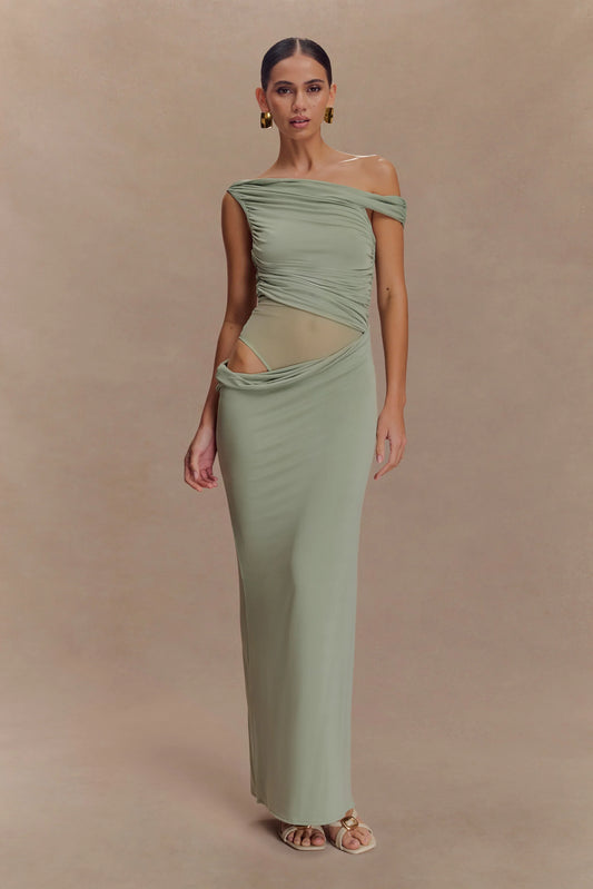 Callen One Shoulder Slinky Maxi Dress Sage