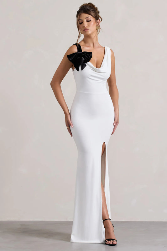 A Catch White Cowl Neck Split Maxi Dress With Bow