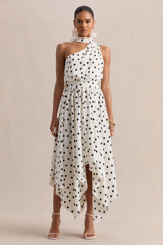 Caluna White And Black Polka Dot Satin Asymmetric Neck Midi Dress With Scarf Detail