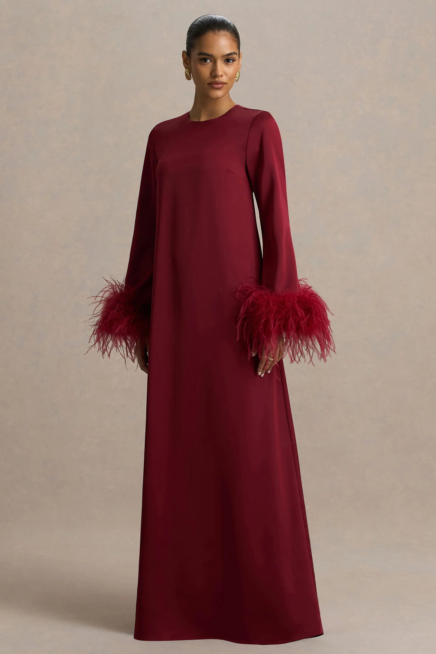 Adella Burgundy Satin Feather Trim Maxi Dress