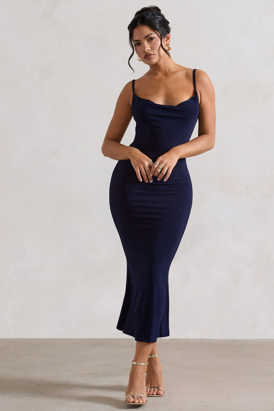 Addison Navy Cowl Neck Open Back Midi Dress With Lace