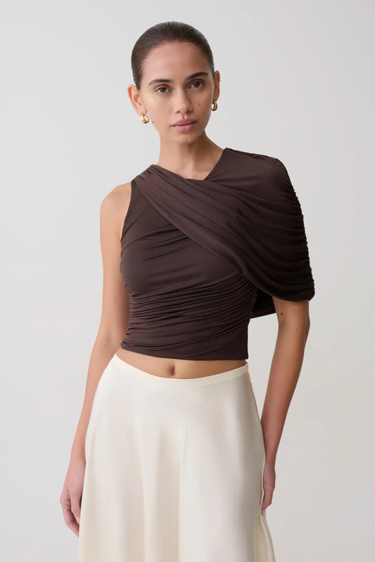 Adrienne One Shoulder Slinky Top Chocolate
