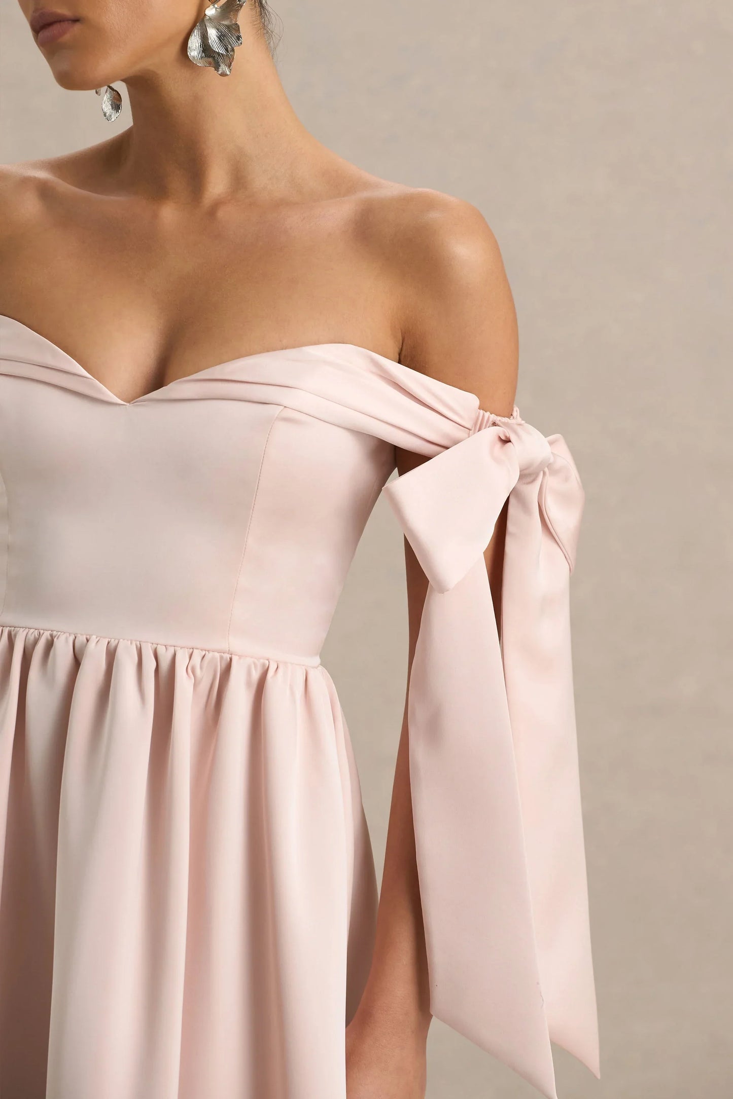 Agafay Rose Pink Satin Short Sleeve Bardot Wrap Midi Dress With Bow Detail