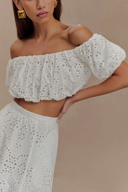Autumn Off Shoulder Broderie Top White