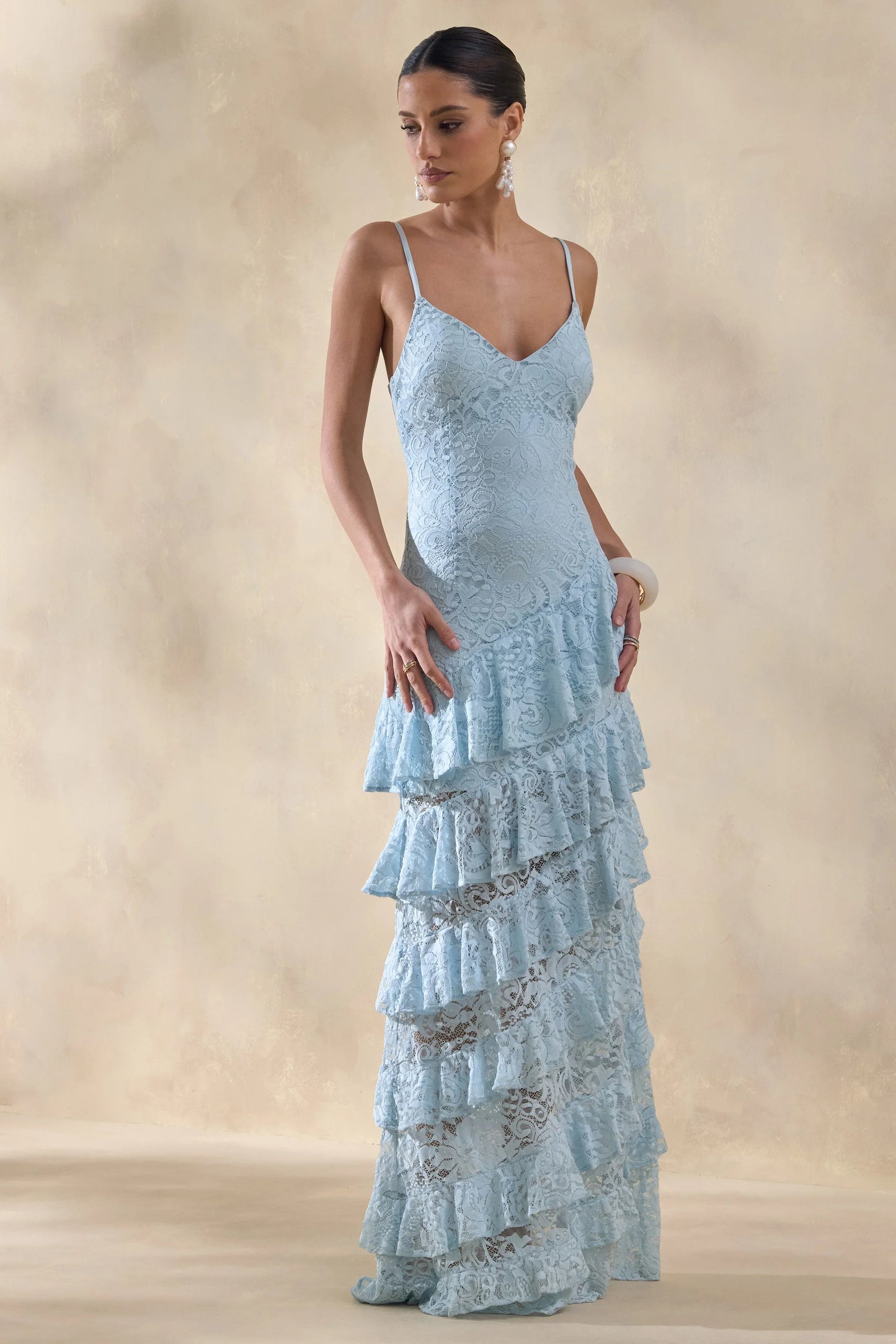 Avelisse Blue Lace Plunge Neck Maxi Dress With Ruffled Detailing