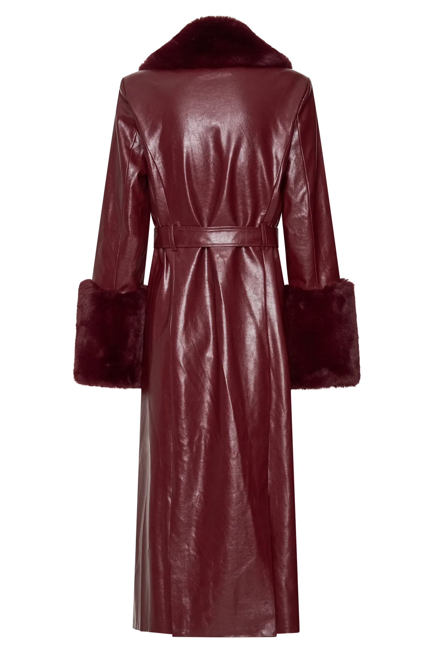 Bec Faux Leather Trench Coat With Faux Fur Cherry Red