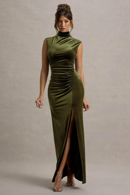 Abilene Olive Velvet High Neck Split Maxi Dress