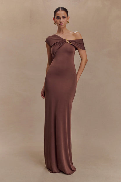 Ashford Asymmetrical Slinky Maxi Dress Chocolate