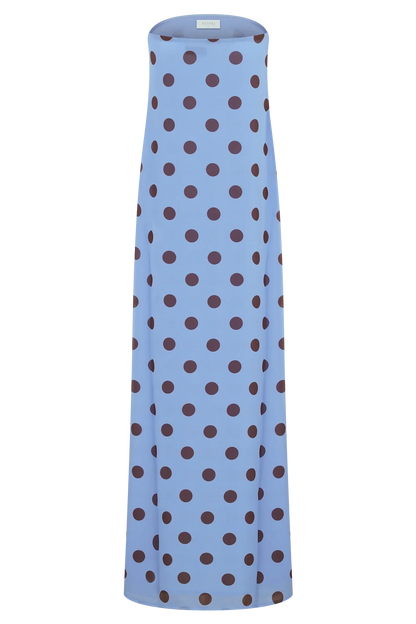Amaya Strapless Chiffon Maxi Dress Blue Polka Dot