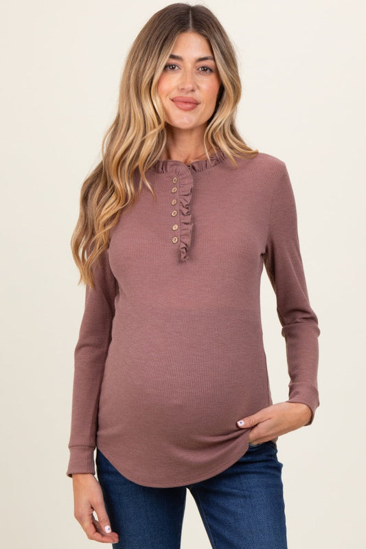 Plum Ruffle Collar Micro Waffle Knit Maternity Henley Top