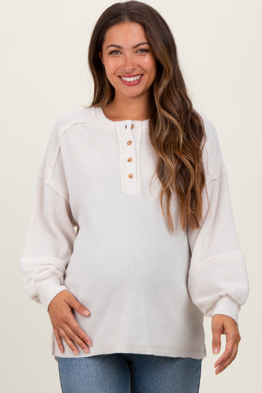 Cream Oversized Ribbed Knit Henley Maternity Sweater
