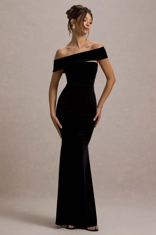 Candela Black Velvet Asymmetric Bardot Maxi Dress