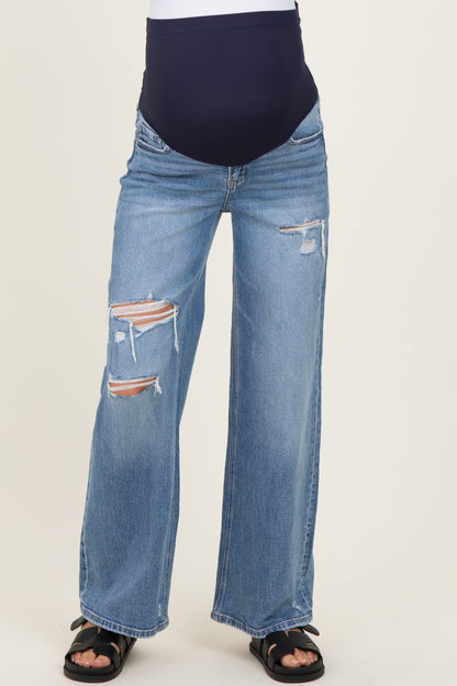Blue Distressed Open Knee Maternity Wide Leg Jeans