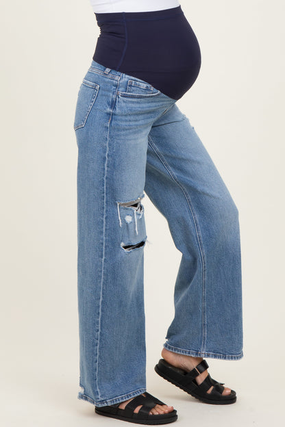 Blue Distressed Open Knee Maternity Wide Leg Jeans
