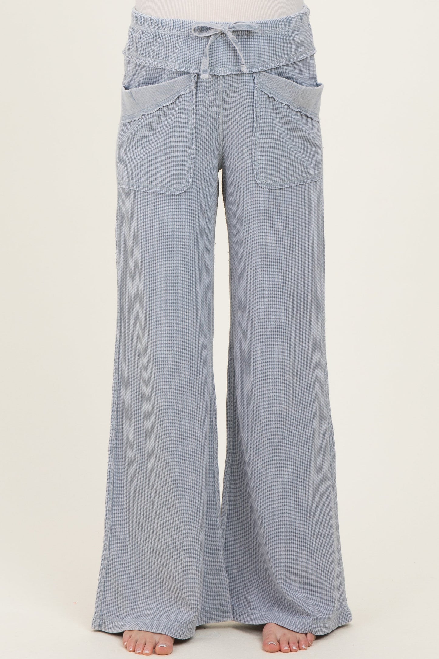 Dusty Blue Mineral Wash Waffle Knit Wide Leg Maternity Pants