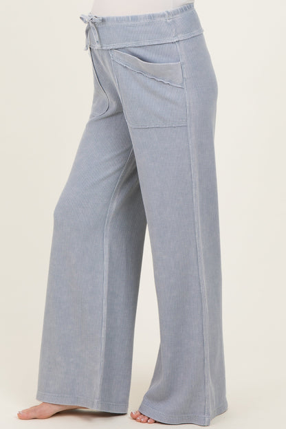 Dusty Blue Mineral Wash Waffle Knit Wide Leg Maternity Pants