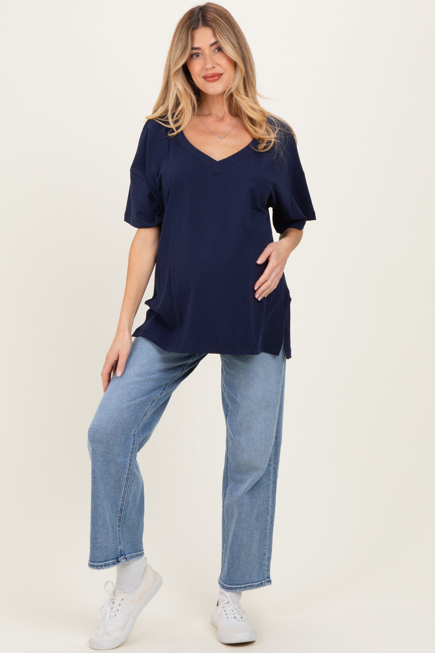 Navy Oversized Reversible V-Neck Maternity Tee