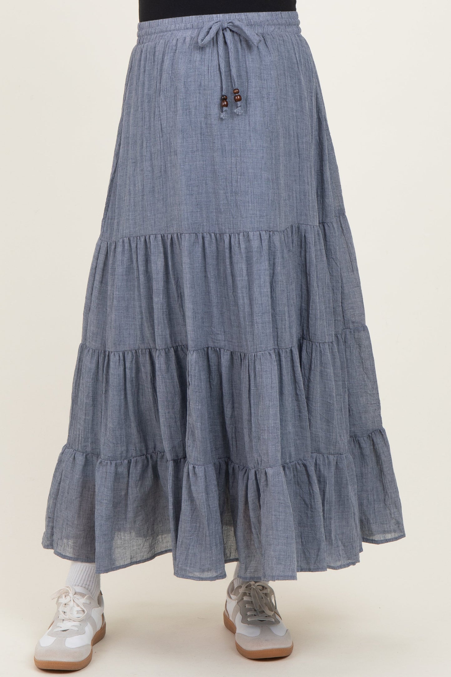 Denim Blue Tiered Drawstring Maternity Maxi Skirt
