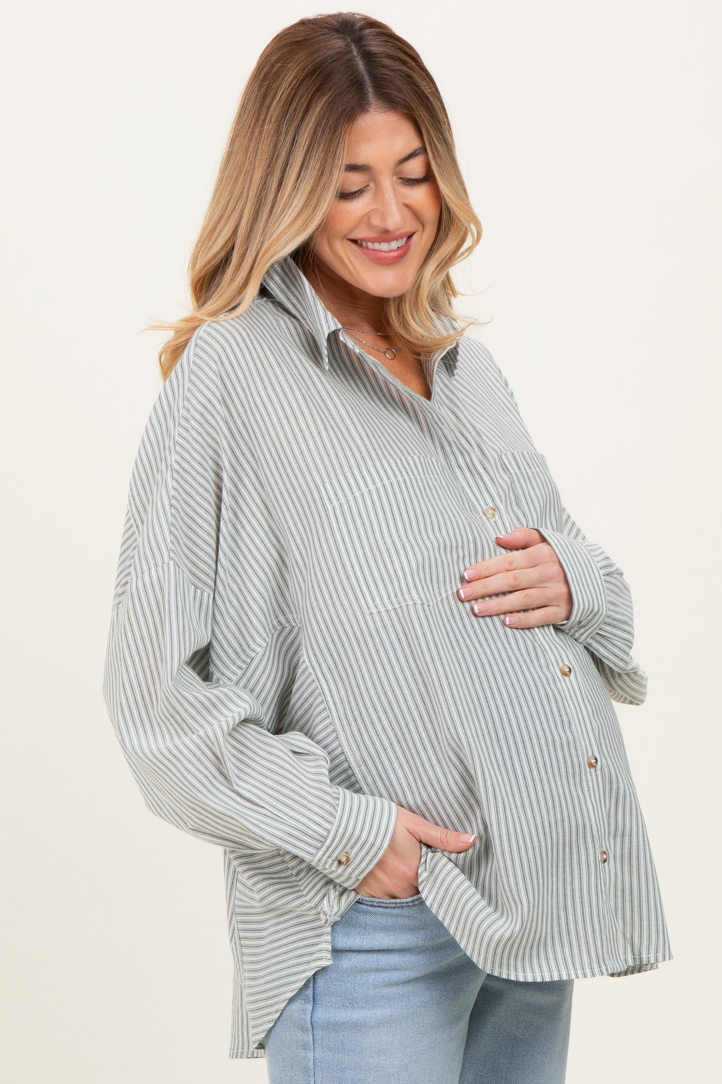 Olive Oversized Striped Button-Up Maternity Shirt