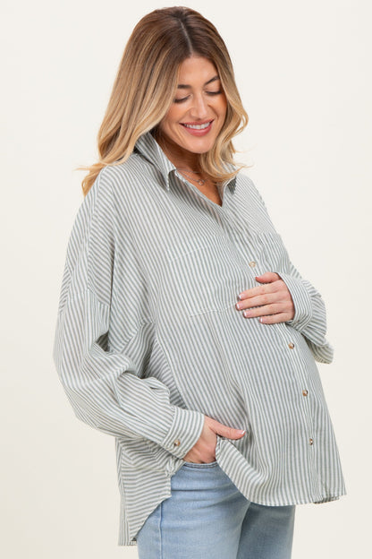 Olive Oversized Striped Button-Up Maternity Shirt