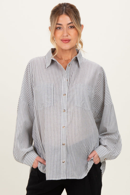 Black Oversized Striped Button-Up Maternity Shirt