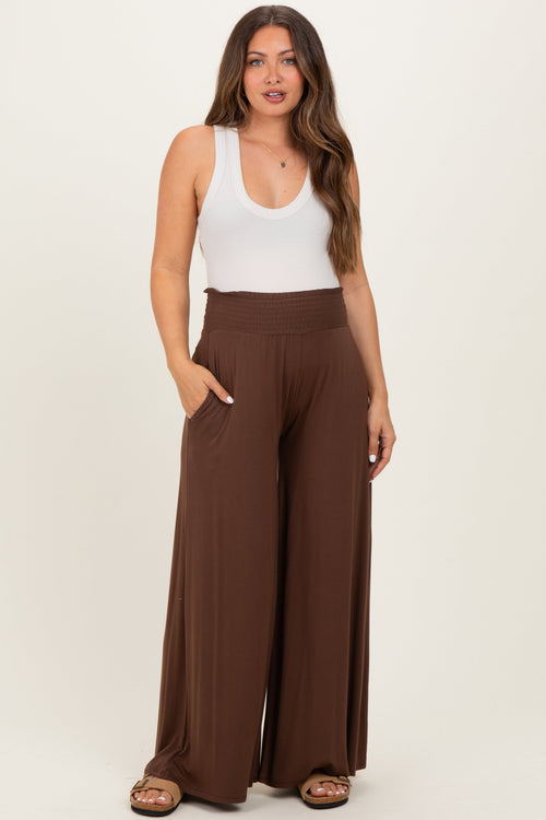 Brown Smocked Waist Wide Leg Maternity Pants