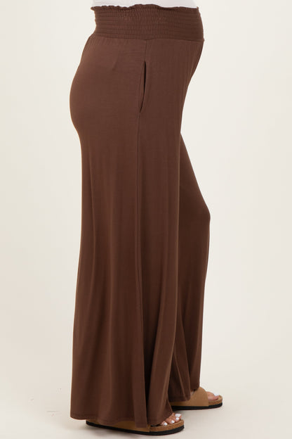 Brown Smocked Waist Wide Leg Maternity Pants
