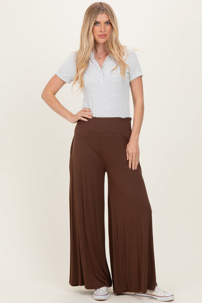 Brown Smocked Waist Wide Leg Maternity Pants