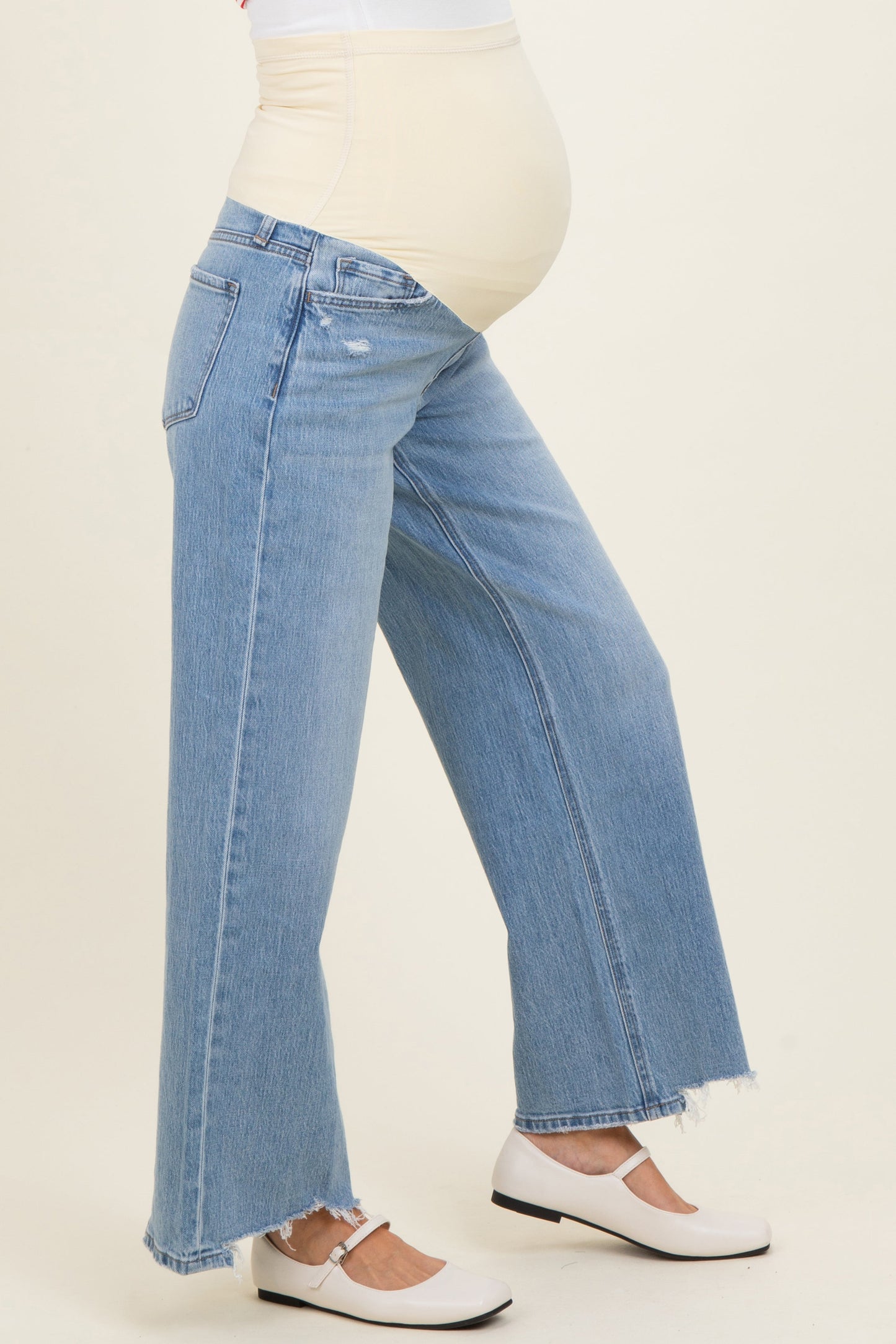 Light Blue Distressed Hem Wide Leg Maternity Jeans