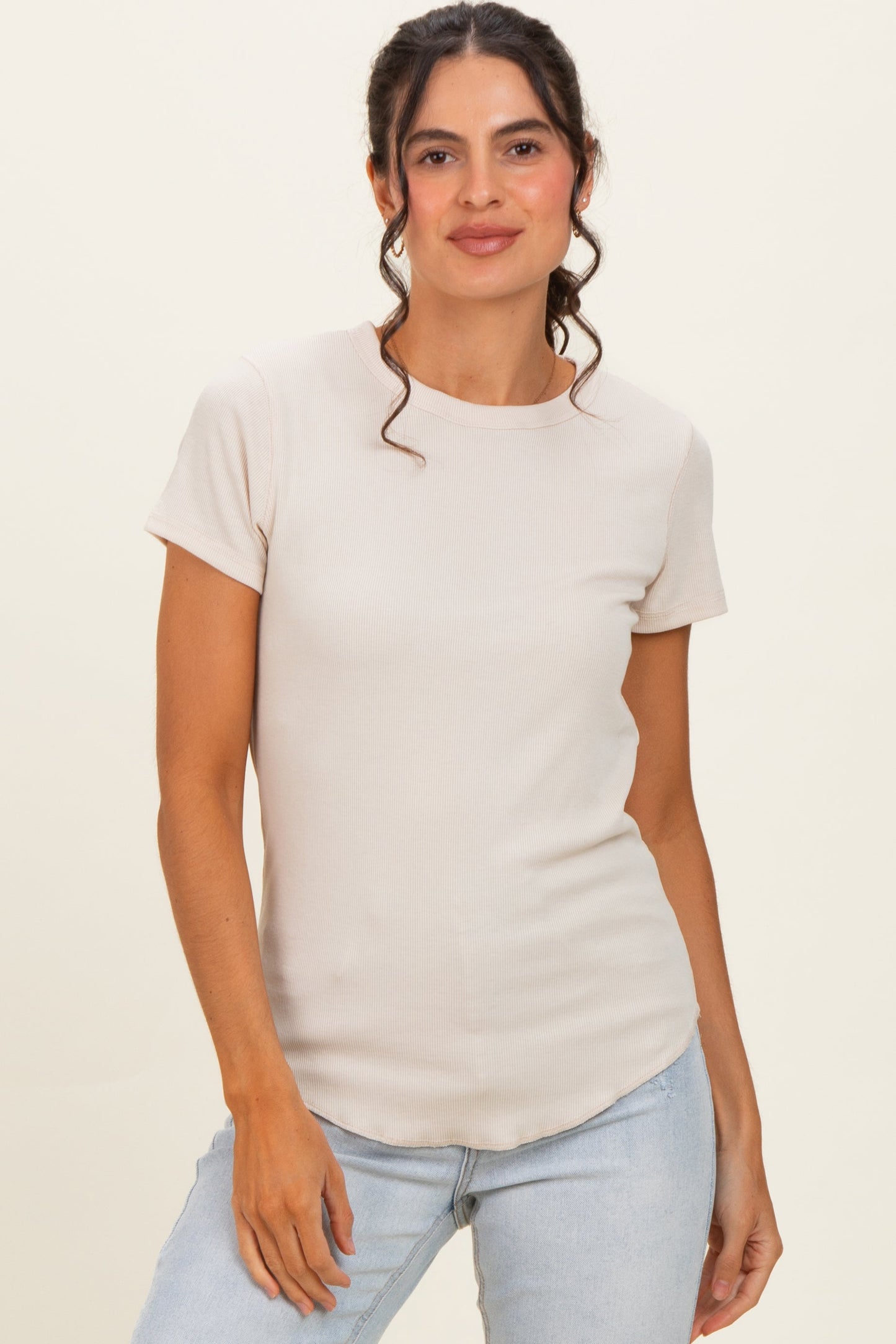 Oat Ribbed Short Sleeve Curved Hem Maternity Top