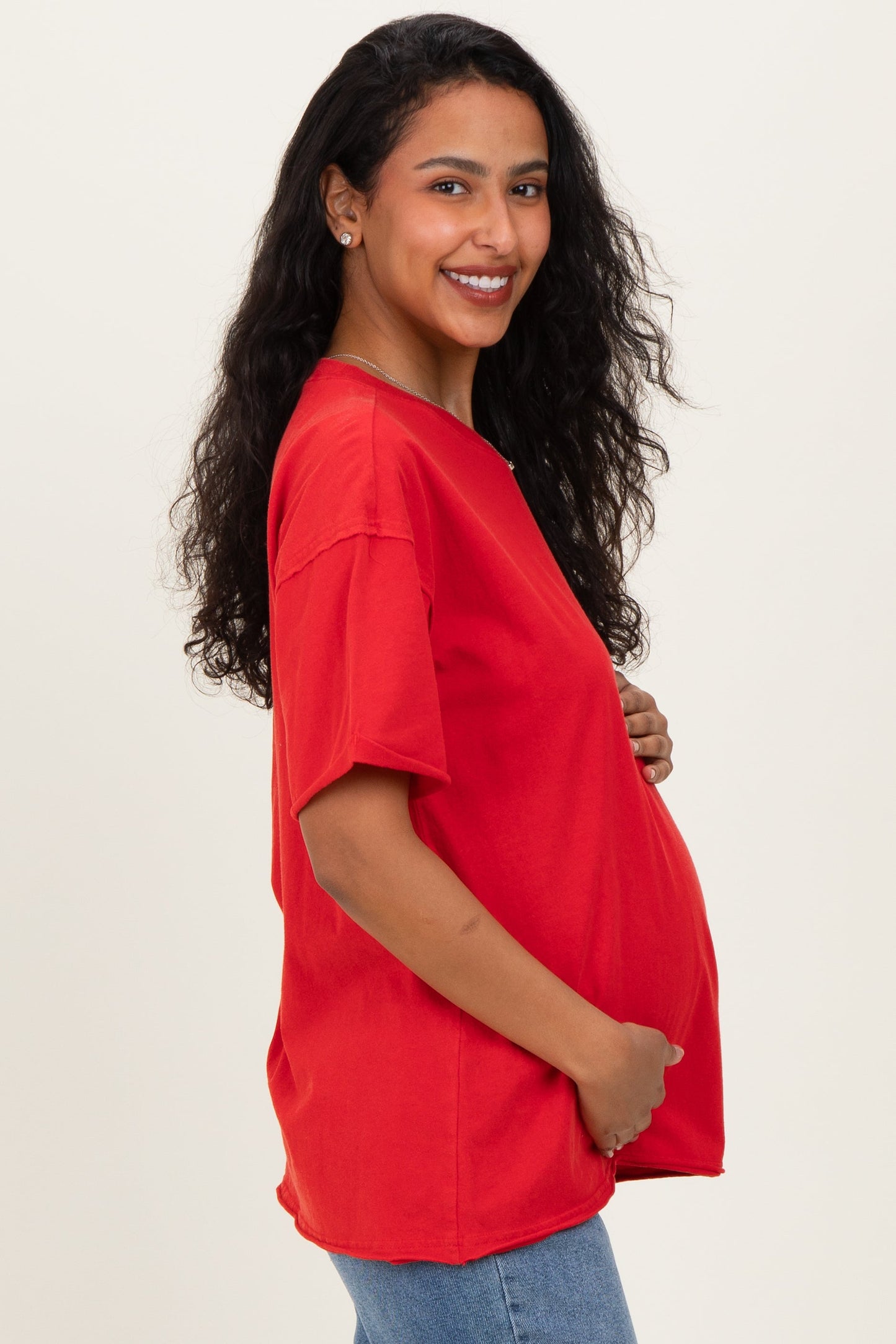 Red Vintage Wash Raw Edge Pocket Maternity T-Shirt