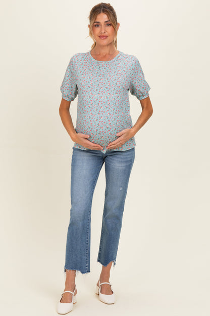 Taupe Ribbed Ditsy Floral Puff Sleeve Maternity Top