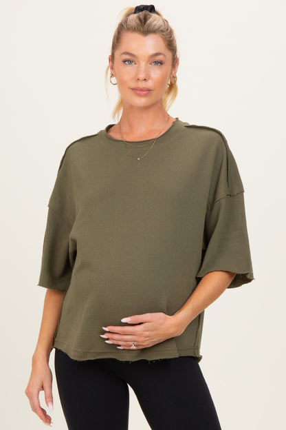 Olive Raw Cut Edge Maternity Boxy Tee