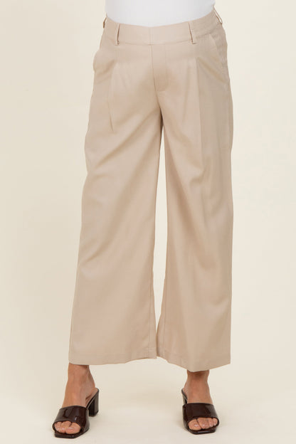 Beige Elastic Waistband Maternity Trousers