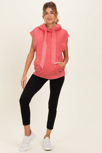 Red Mineral Wash Sleeveless Maternity Hoodie