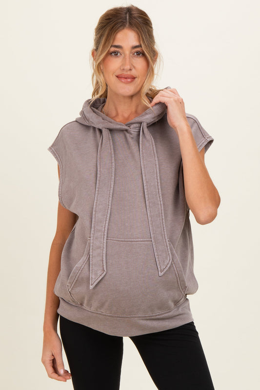 Mocha Mineral Wash Sleeveless Maternity Hoodie