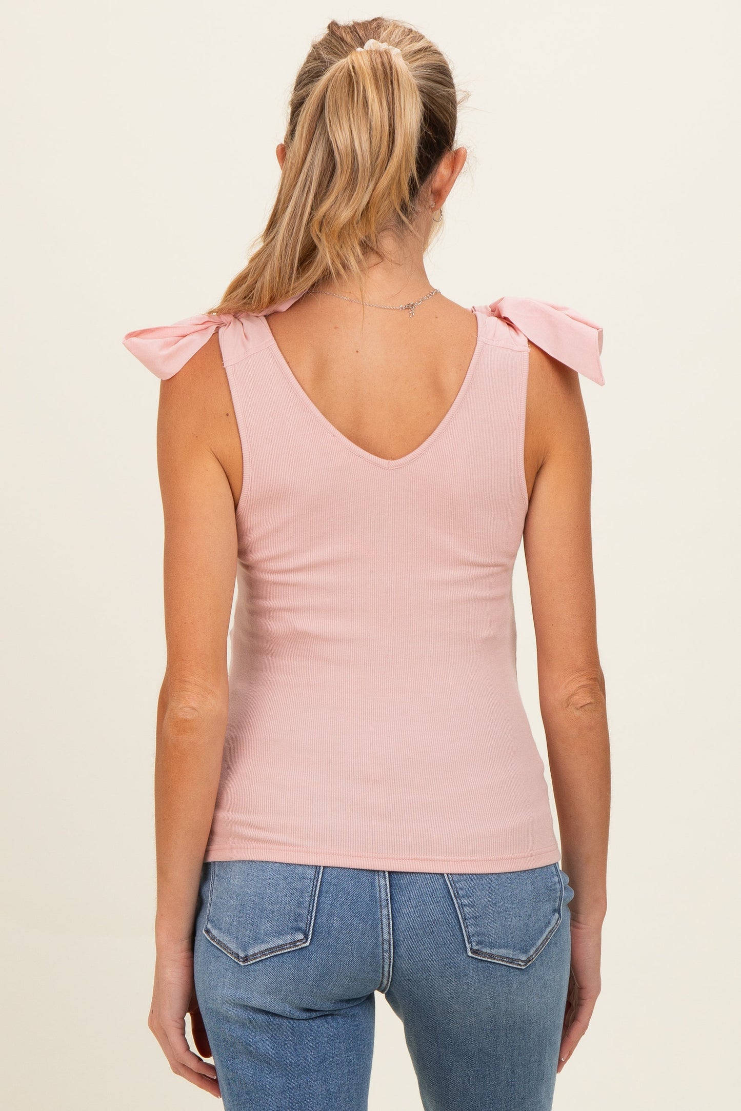 Pink Bow Tie Detail Sleeveless V Neck Ribbed Maternity Top