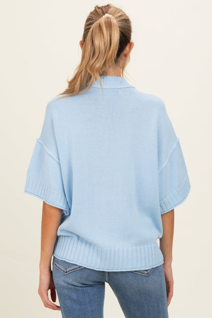 Light Blue Oversized Mock Neck Short Sleeve Maternity Sweater