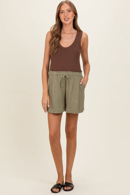 Olive Drawstring Pleated Maternity Shorts