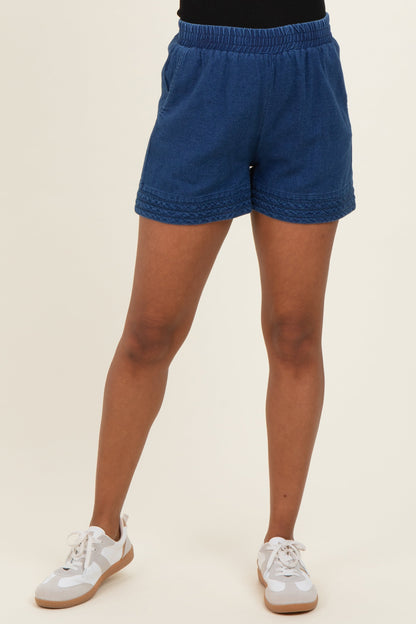 Navy Embroidered Trim Maternity Shorts