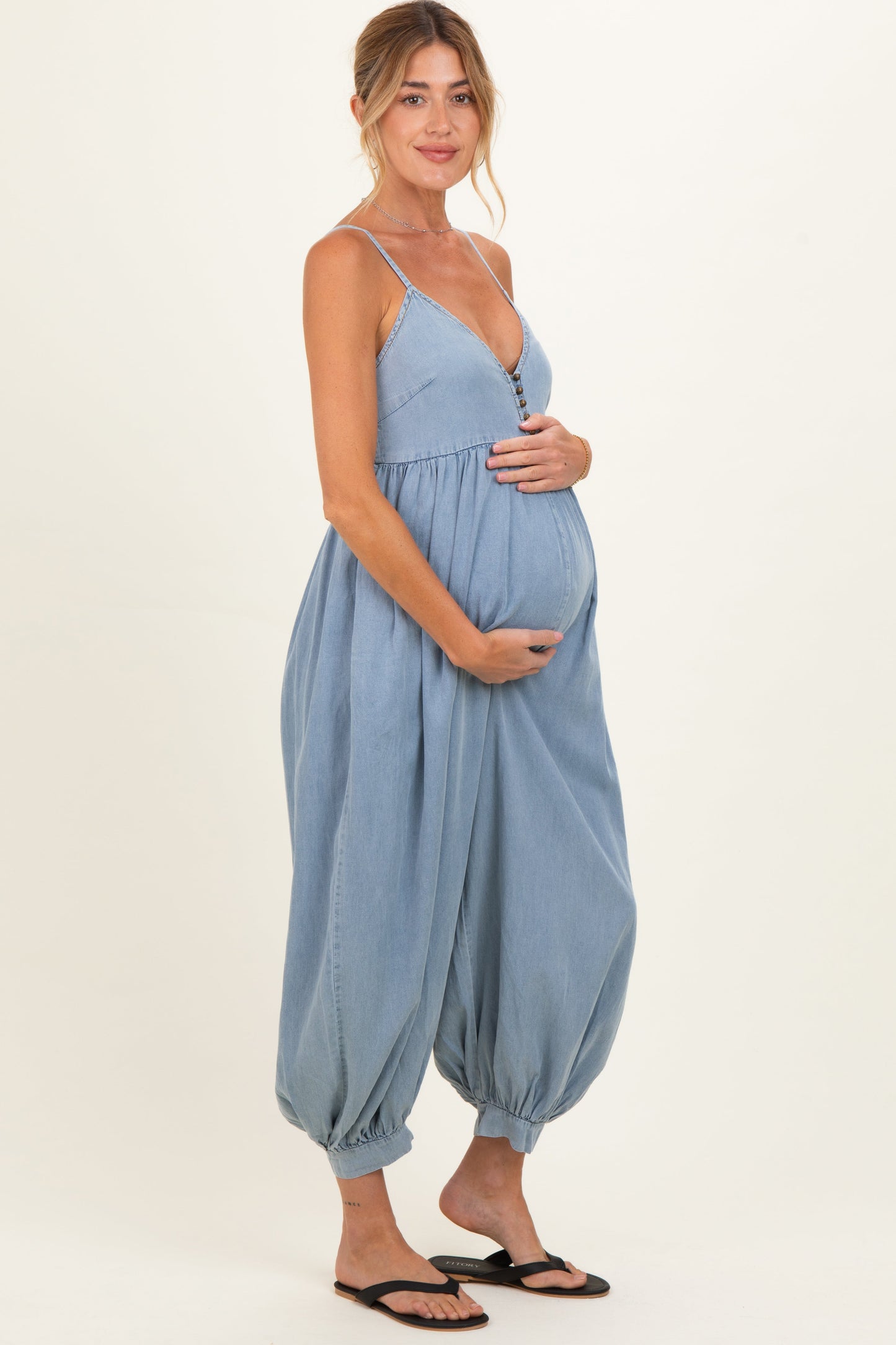 Denim Blue Sleeveless Button Down Maternity Jumpsuit