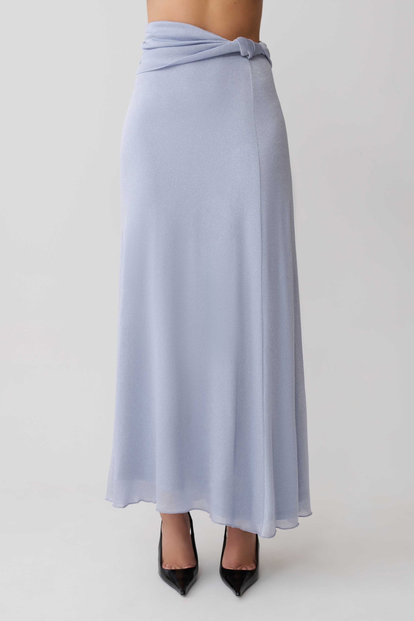 Adrienne Lurex Knot Maxi Skirt Pastel Blue