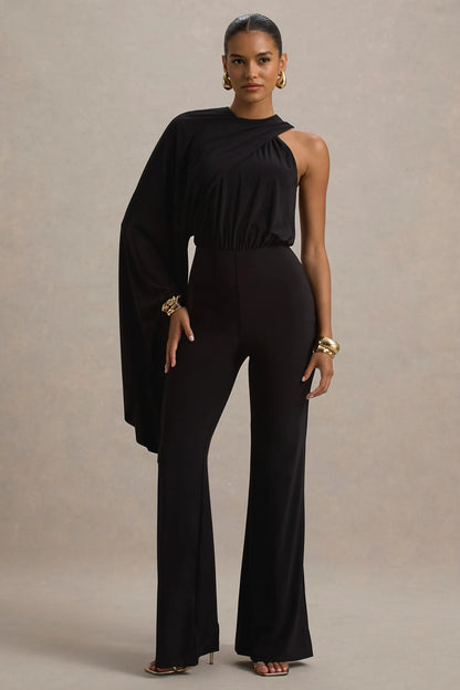 Asra Black High Neck Flared Leg Jumpsuit With Cape Sleeve