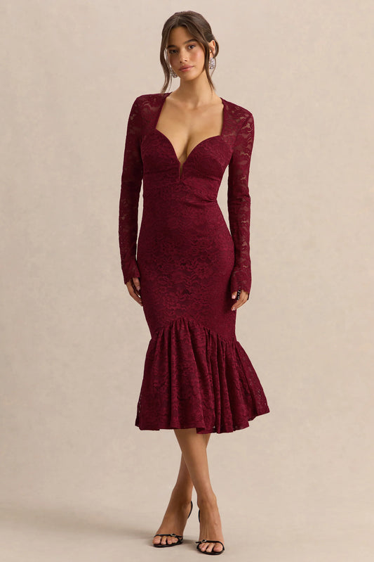 Camilly Burgundy Lace Plunge Neck Mermaid Midi Dress