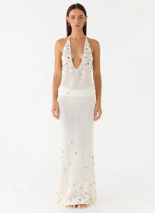 Adelaida Beaded Crochet Maxi Skirt Ivory